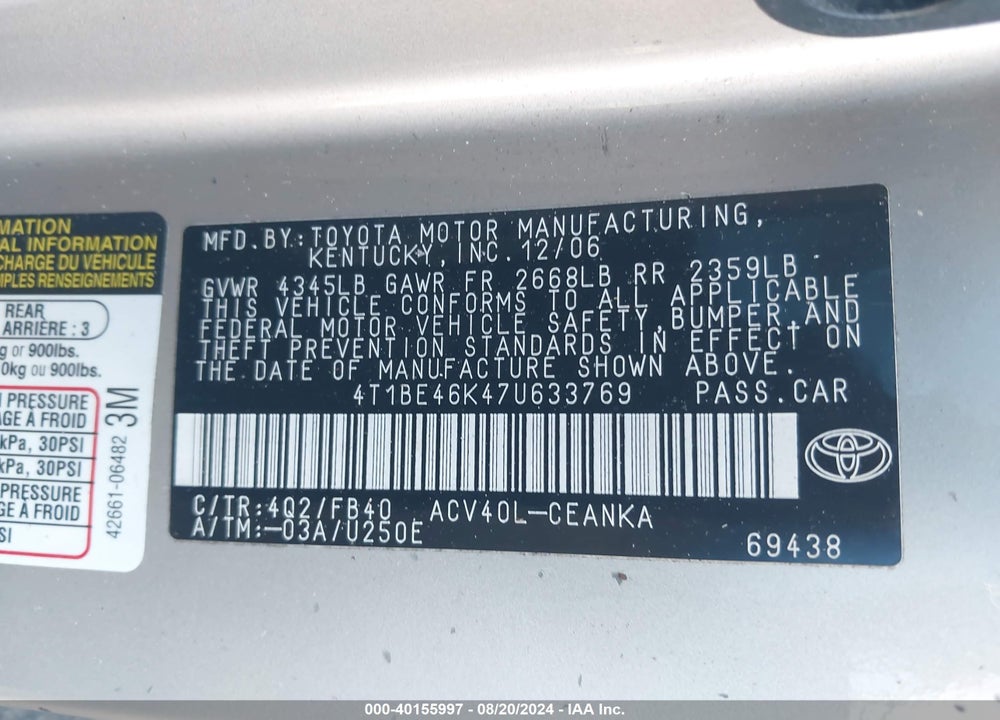 2007 TOYOTA CAMRY LE VIN: 4T1BE46K47U633769