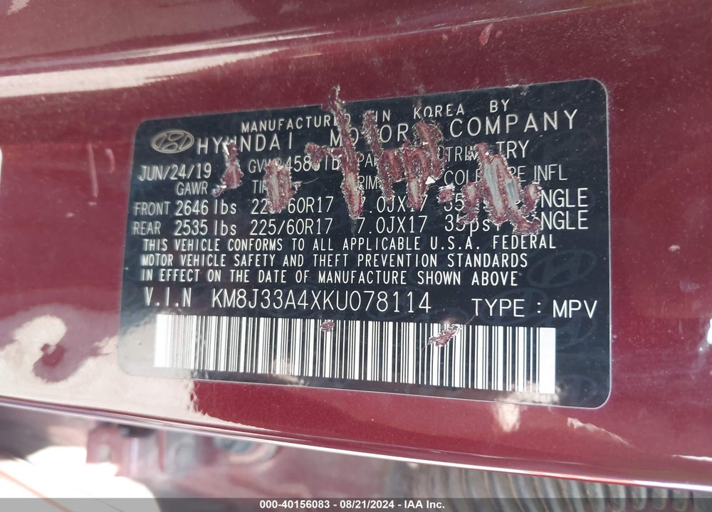 2019 HYUNDAI TUCSON VALUE VIN: KM8J33A4XKU078114