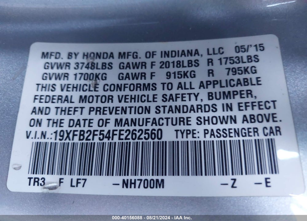 2015 HONDA CIVIC LX VIN: 19XFB2F54FE262560