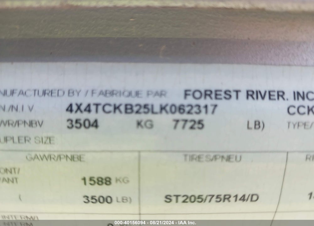 2020 FOREST RIVER OTHER VIN: 4X4TCKB25LK062317
