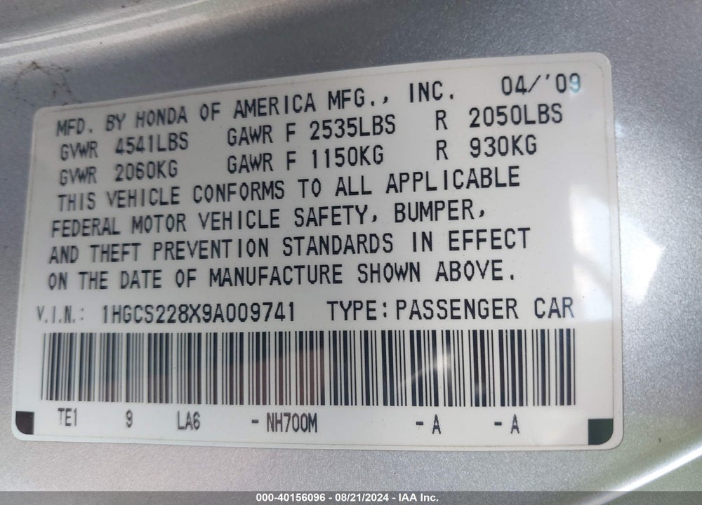 2009 HONDA ACCORD 3.5 EX-L VIN: 1HGCS228X9A009741