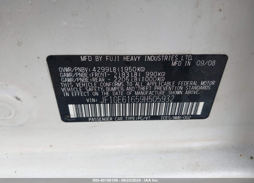 2009 SUBARU IMPREZA 2.5I VIN: JF1GE61659H505932