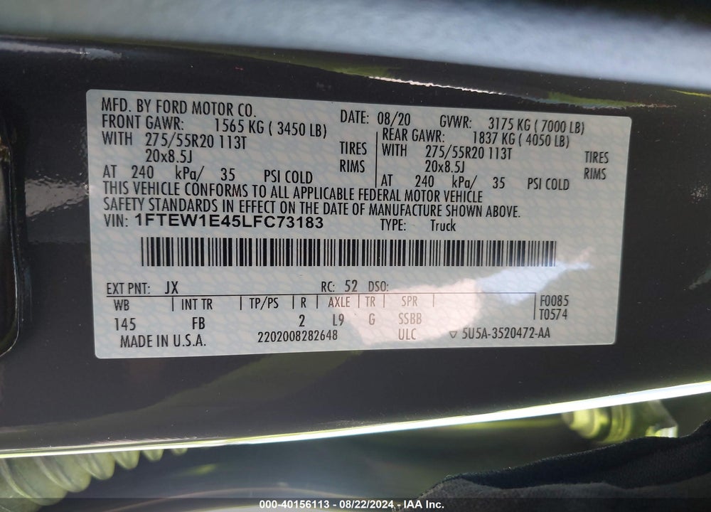 2020 FORD F-150 XLT VIN: 1FTEW1E45LFC73183