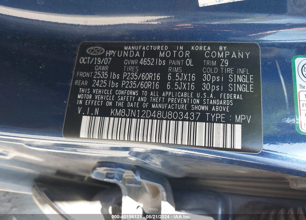 2008 HYUNDAI TUCSON LIMITED V6/SE VIN: KM8JN12D48U803437
