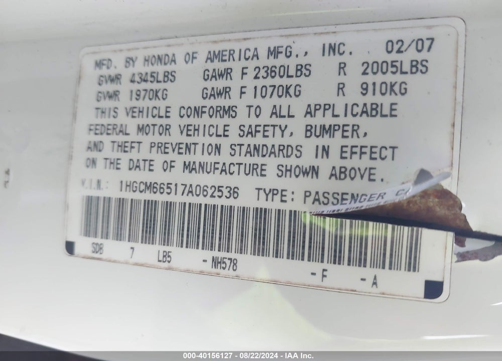 2007 HONDA ACCORD 3.0 EX VIN: 1HGCM66517A062536