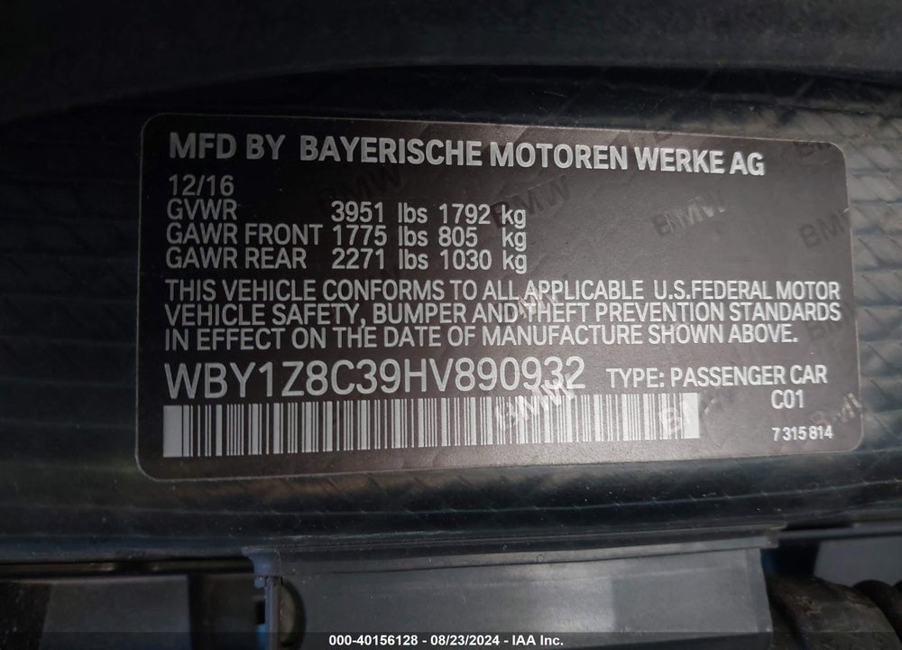 2017 BMW I3 94 AH W/RANGE EXTENDER VIN: WBY1Z8C39HV890932