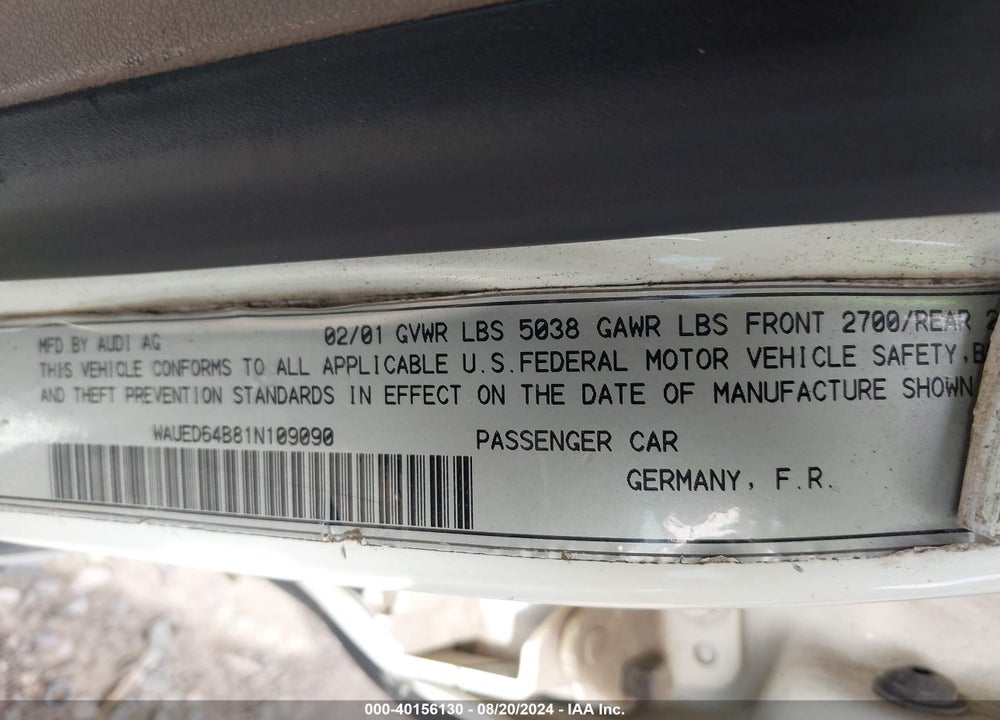 2001 AUDI A6 2.7T VIN: WAUED64B81N109090