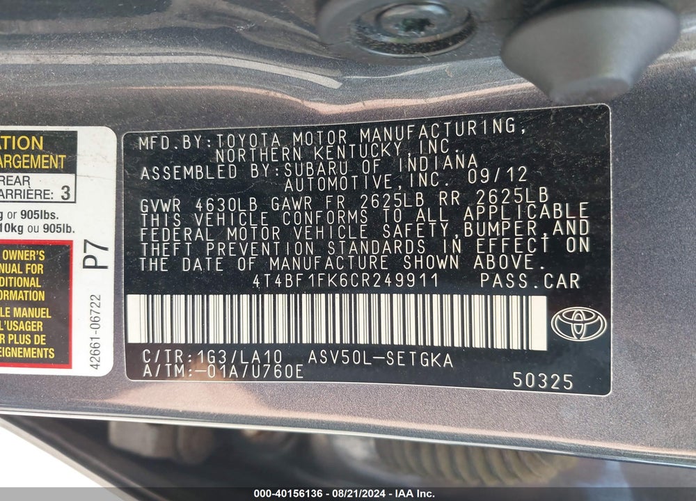 2012 TOYOTA CAMRY XLE VIN: 4T4BF1FK6CR249911