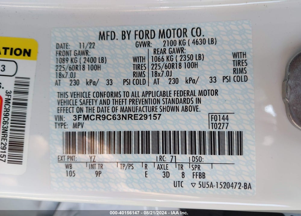 2022 FORD BRONCO SPORT OUTER BANKS VIN: 3FMCR9C63NRE29157