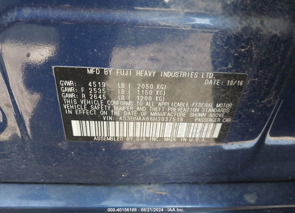 2017 SUBARU LEGACY 2.5I VIN: 4S3BNAA66H3037518