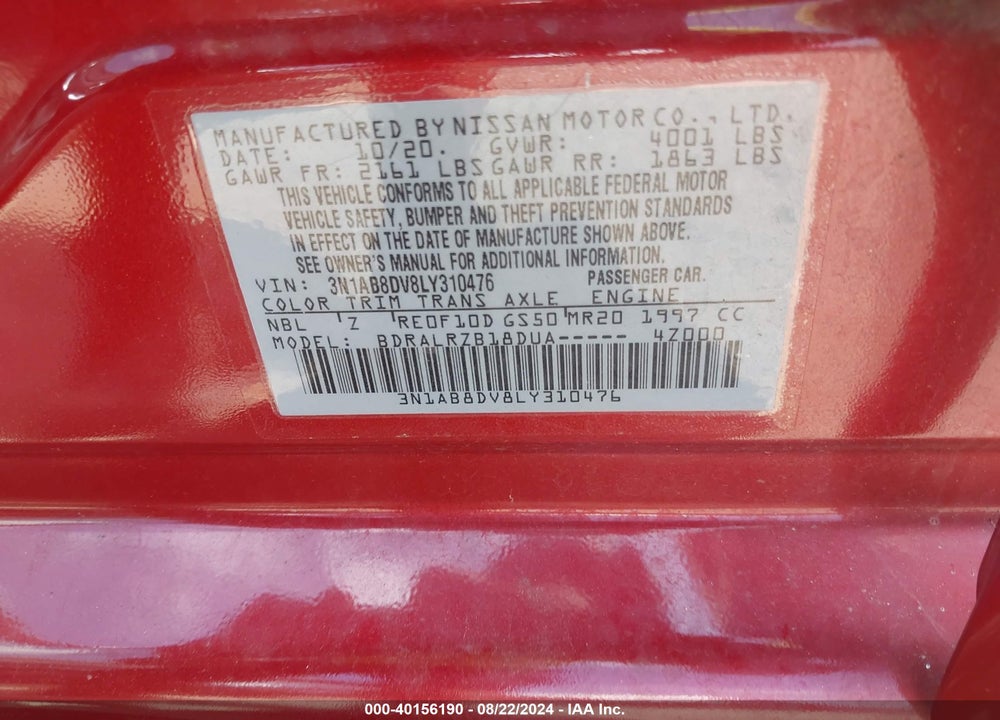 2020 NISSAN SENTRA SR XTRONIC CVT VIN: 3N1AB8DV8LY310476