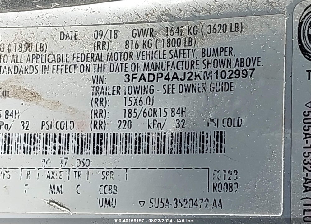 2019 FORD FIESTA S VIN: 3FADP4AJ2KM102997
