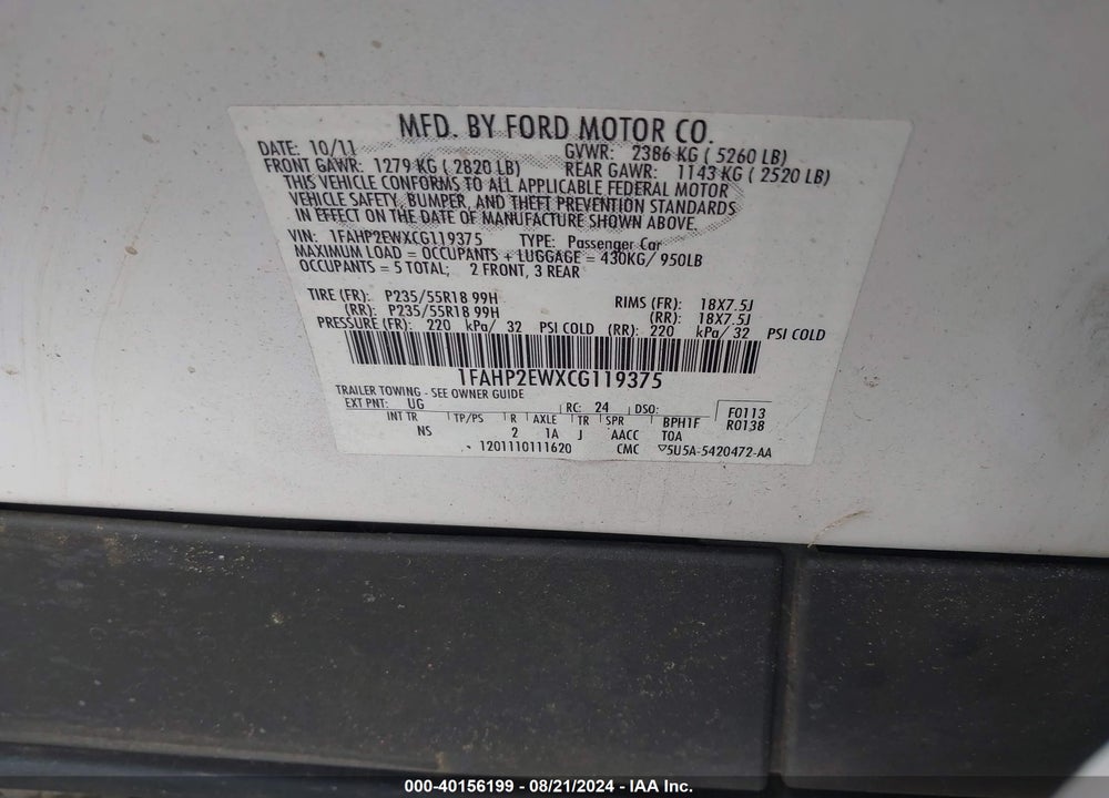 2012 FORD TAURUS SEL VIN: 1FAHP2EWXCG119375