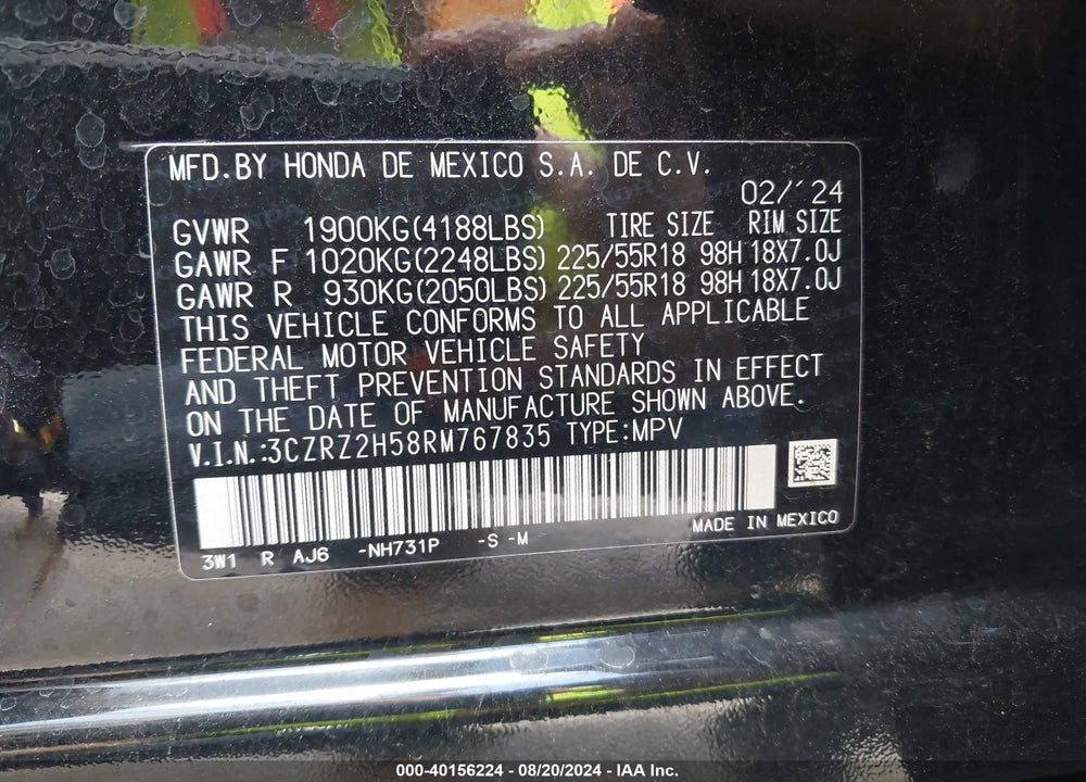 2024 HONDA HR-V AWD SPORT/AWD SPORT W/O BSI VIN: 3CZRZ2H58RM767835