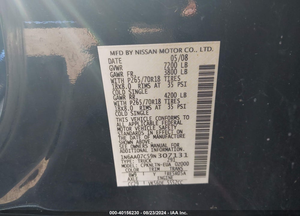 2009 NISSAN TITAN SE VIN: 1N6AA07C59N307131