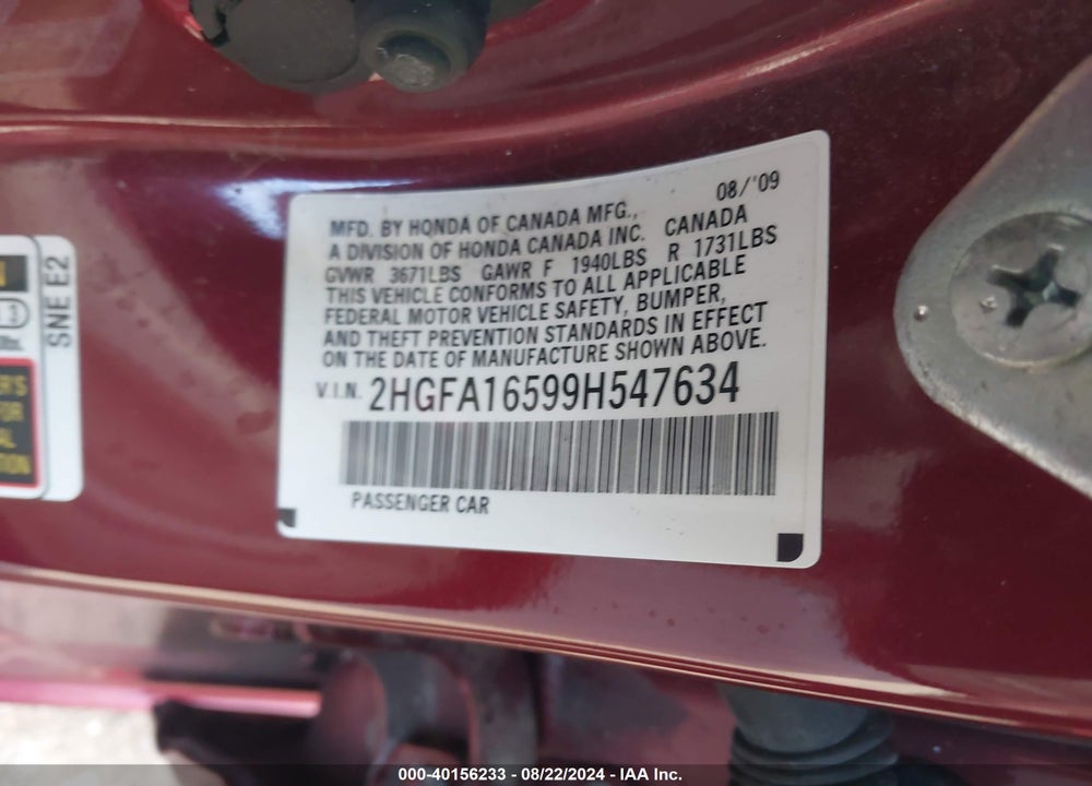 2009 HONDA CIVIC LX VIN: 2HGFA16599H547634