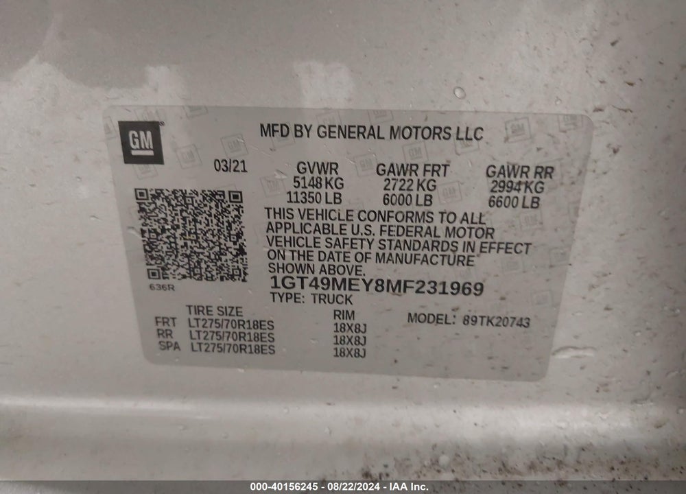 2021 GMC SIERRA 2500HD 4WD  STANDARD BED SLE VIN: 1GT49MEY8MF231969