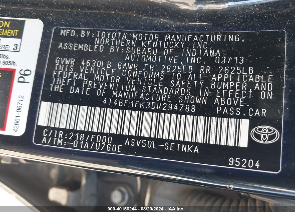 2013 TOYOTA CAMRY LE VIN: 4T4BF1FK3DR294788