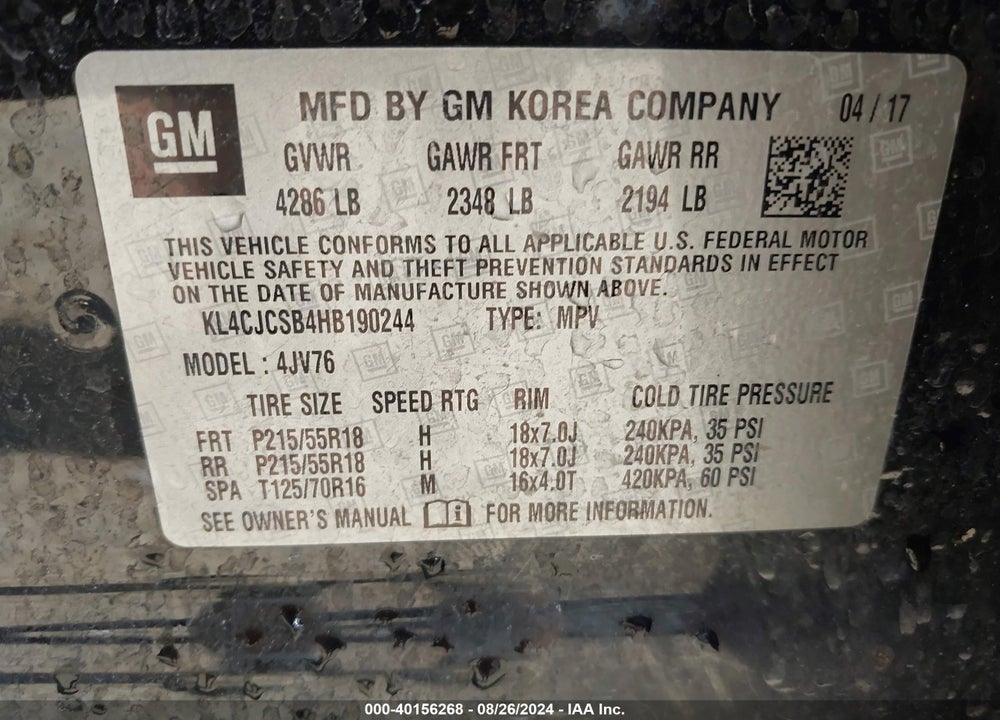 2017 BUICK ENCORE ESSENCE VIN: KL4CJCSB4HB190244