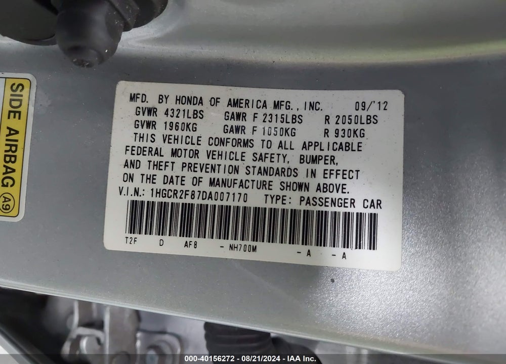 2013 HONDA ACCORD EX-L VIN: 1HGCR2F87DA007170