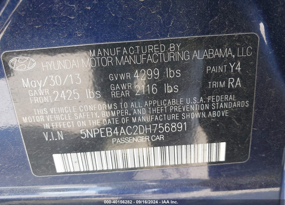 2013 HYUNDAI SONATA VIN: 5NPEB4AC2DH756891