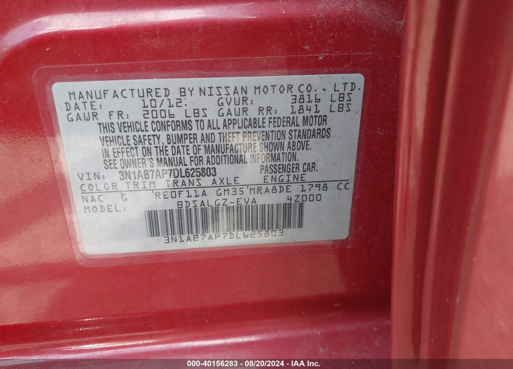 2013 NISSAN SENTRA VIN: 3N1AB7AP7DL625803