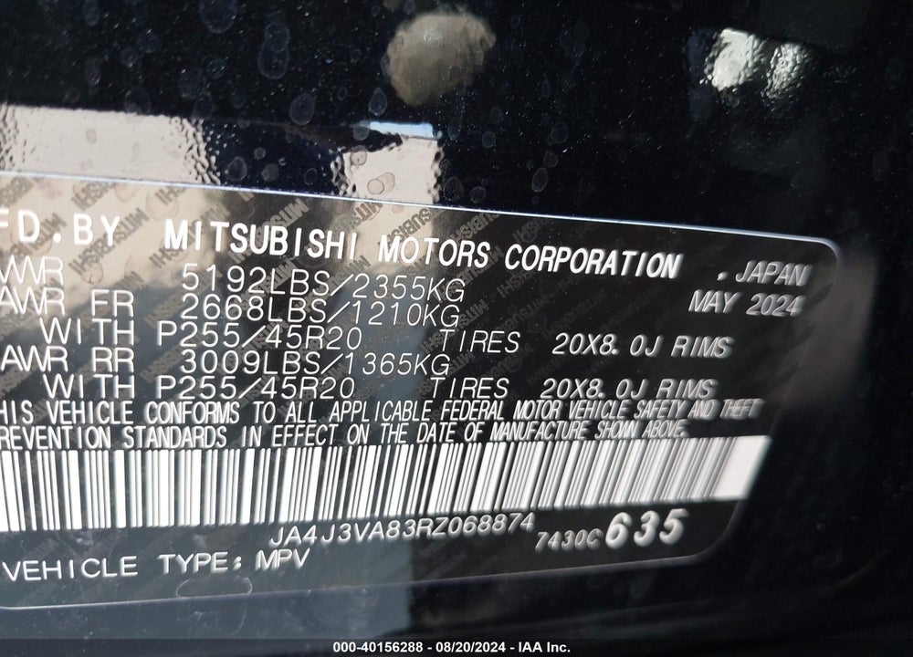 2024 MITSUBISHI OUTLANDER SE 2.5 2WD/SE BLACK EDITION S-AWC/SE BLACK EDITION W/PANO ROOF VIN: JA4J3VA83RZ068874