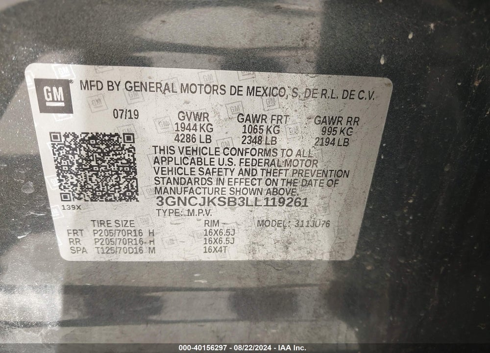 2020 CHEVROLET TRAX FWD LS VIN: 3GNCJKSB3LL119261