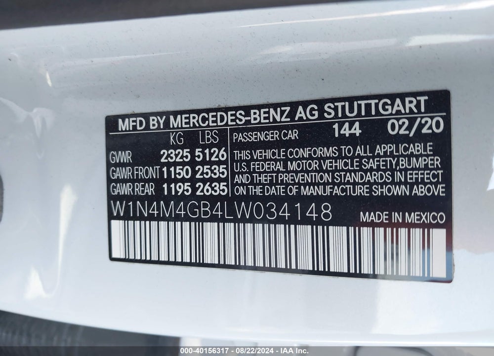 2020 MERCEDES-BENZ GLB 250 VIN: W1N4M4GB4LW034148