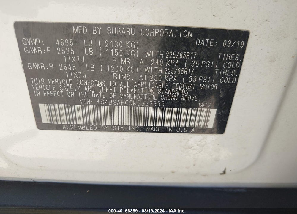 2019 SUBARU OUTBACK 2.5I PREMIUM VIN: 4S4BSAHC9K3332359