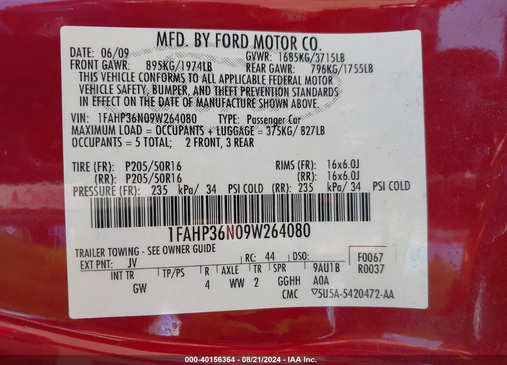 2009 FORD FOCUS SES VIN: 1FAHP36N09W264080