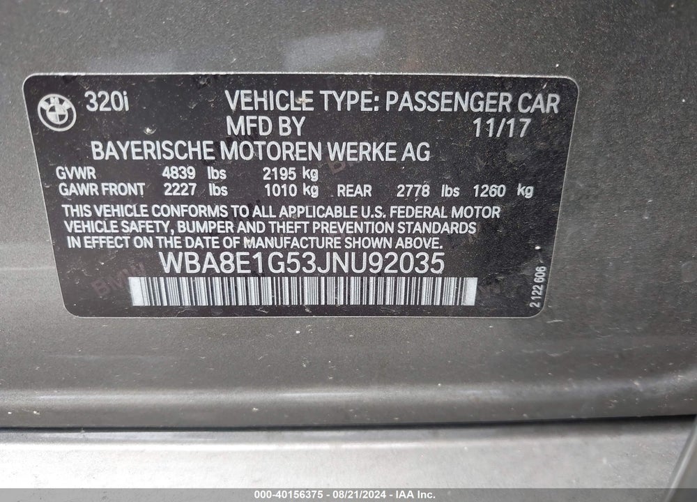 2018 BMW 320I VIN: WBA8E1G53JNU92035