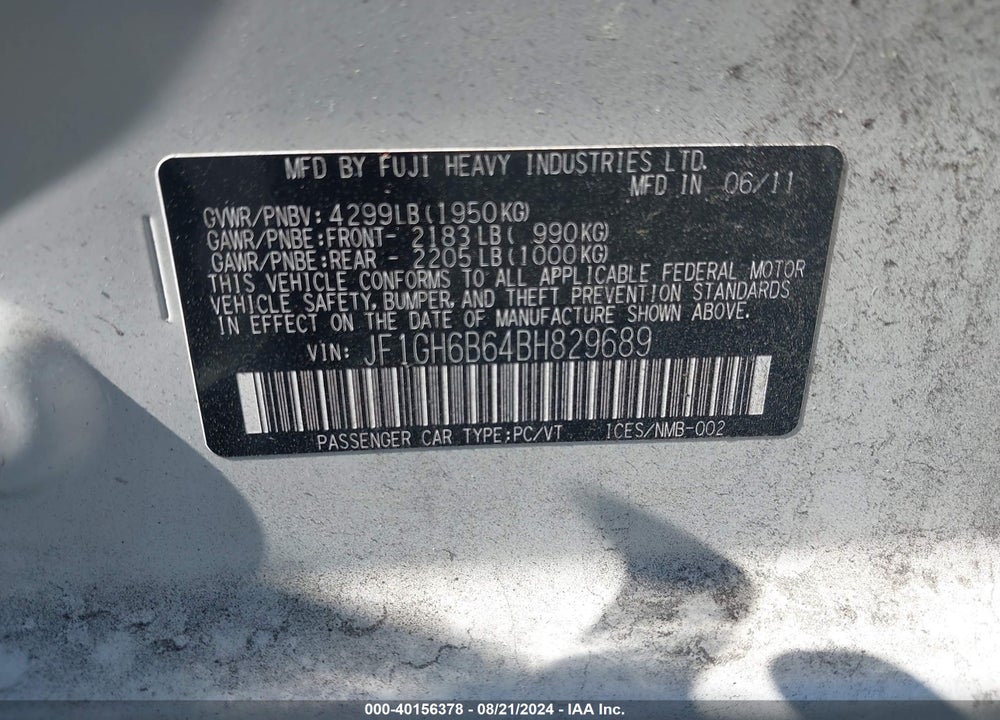 2011 SUBARU IMPREZA 2.5I PREMIUM VIN: JF1GH6B64BH829689