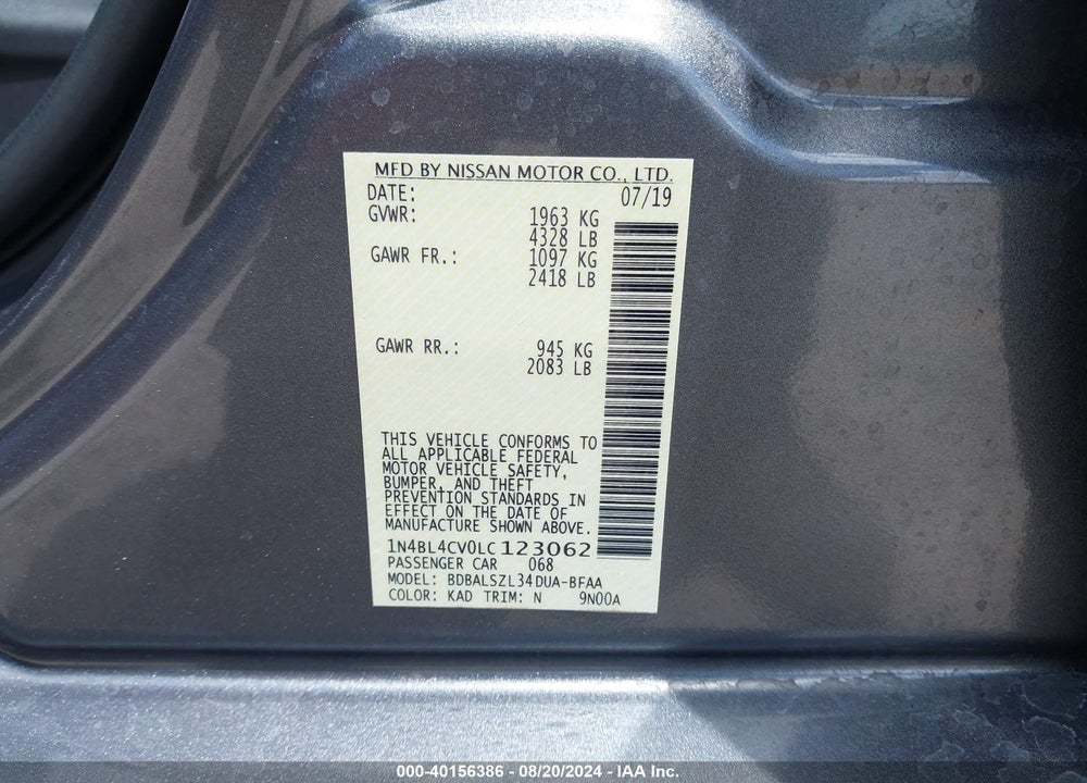 2020 NISSAN ALTIMA SR FWD VIN: 1N4BL4CV0LC123062