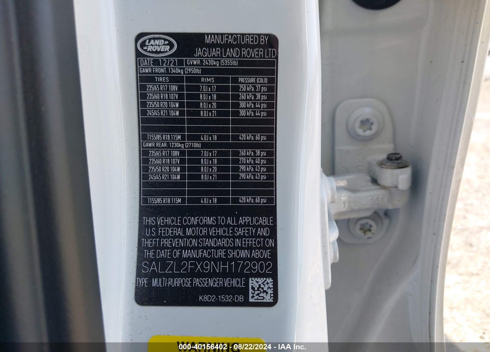 2022 LAND ROVER RANGE ROVER EVOQUE R-DYNAMIC SE VIN: SALZL2FX9NH172902