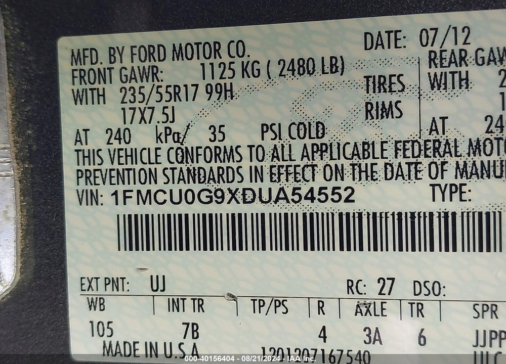2013 FORD ESCAPE SE VIN: 1FMCU0G9XDUA54552