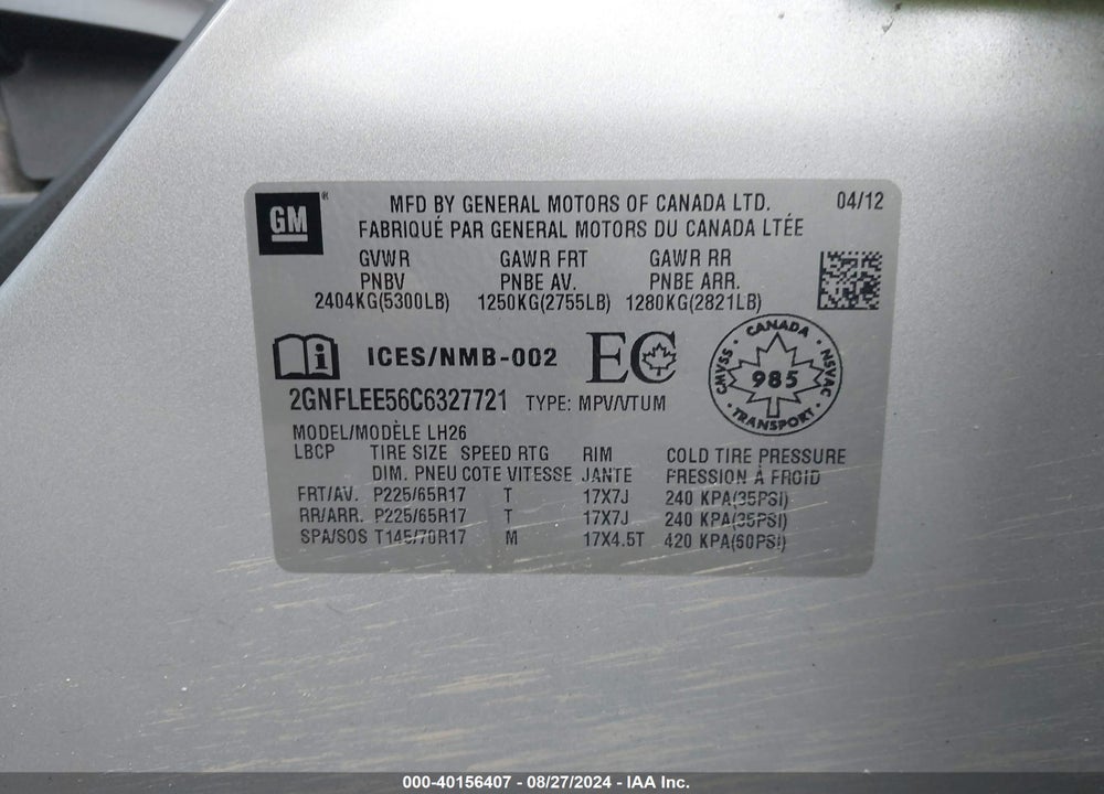 2012 CHEVROLET EQUINOX 1LT VIN: 2GNFLEE56C6327721