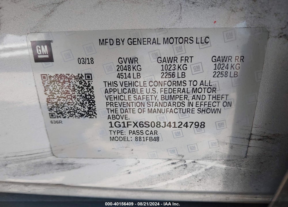 2018 CHEVROLET BOLT EV PREMIER VIN: 1G1FX6S08J4124798