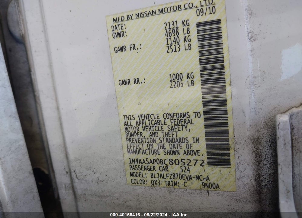 2011 NISSAN MAXIMA VIN: 1N4AA5AP0BC805272