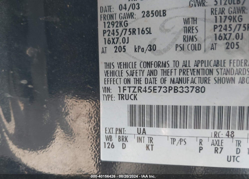 2003 FORD RANGER EDGE/XLT VIN: 1FTZR45E73PB33780