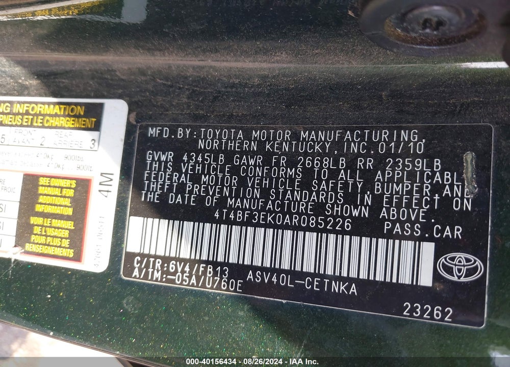 2010 TOYOTA CAMRY LE VIN: 4T4BF3EK0AR085226