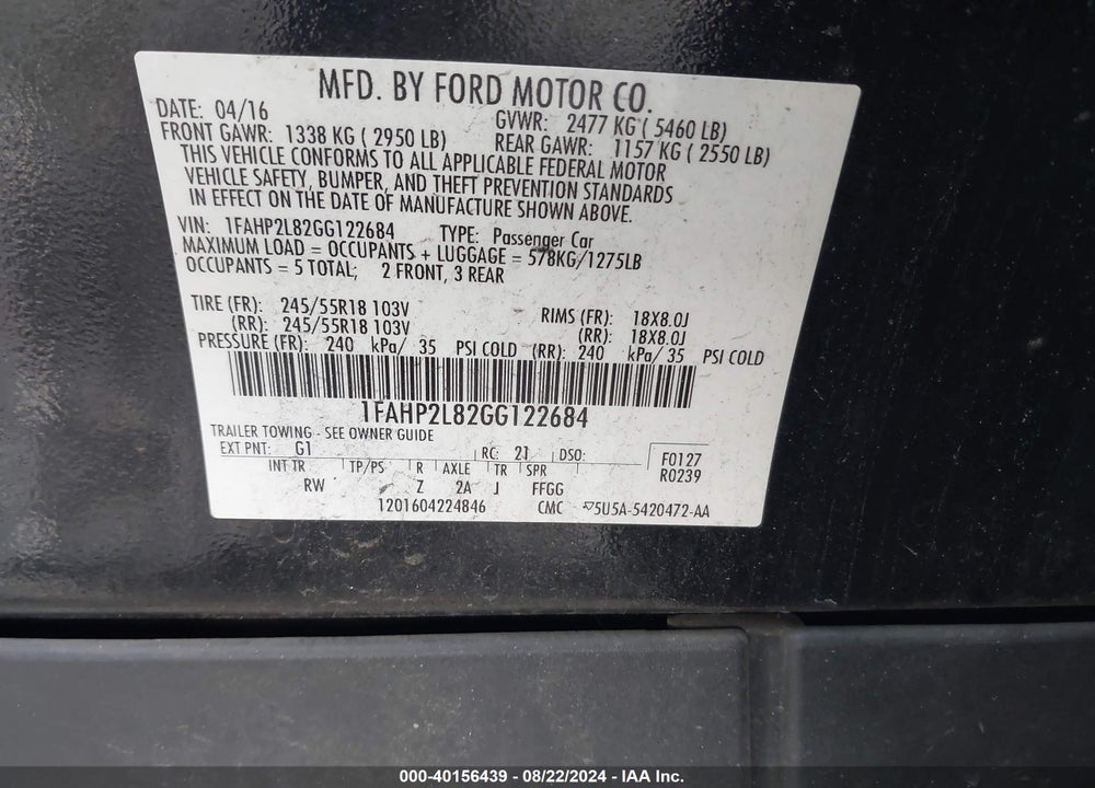 2016 FORD POLICE INTERCEPTOR VIN: 1FAHP2L82GG122684