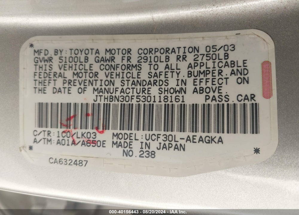 2003 LEXUS LS 430 VIN: JTHBN30F530118161