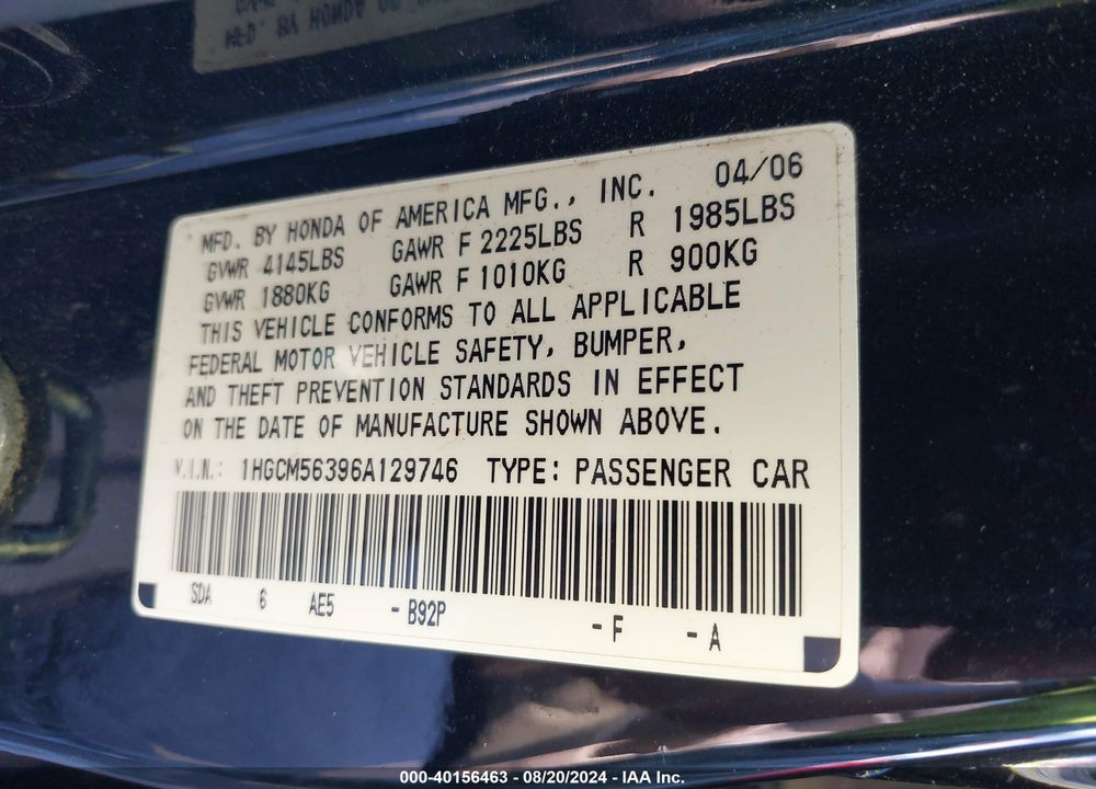 2006 HONDA ACCORD 2.4 SE VIN: 1HGCM56396A129746