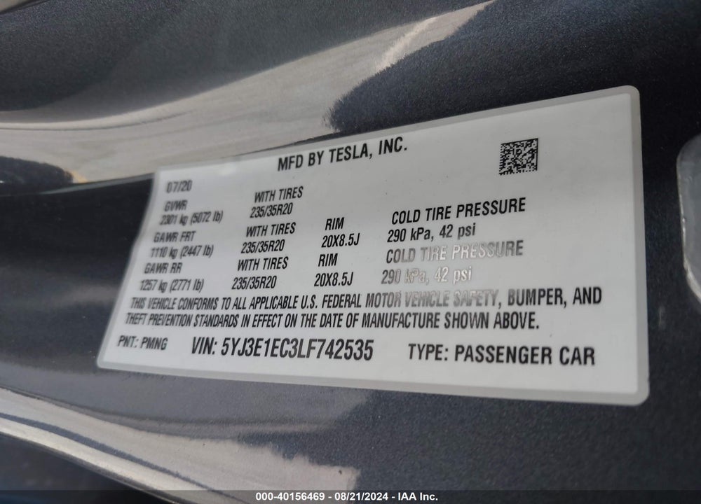 2020 TESLA MODEL 3 PERFORMANCE DUAL MOTOR ALL-WHEEL DRIVE VIN: 5YJ3E1EC3LF742535