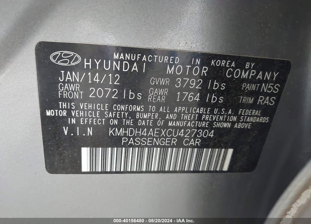 2012 HYUNDAI ELANTRA GLS (ULSAN PLANT) VIN: KMHDH4AEXCU427304