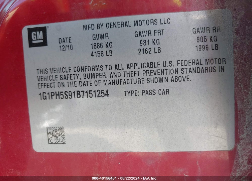 2011 CHEVROLET CRUZE LTZ VIN: 1G1PH5S91B7151254