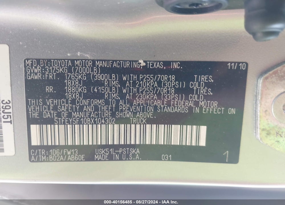 2011 TOYOTA TUNDRA GRADE 5.7L V8 VIN: 5TFEY5F10BX104302