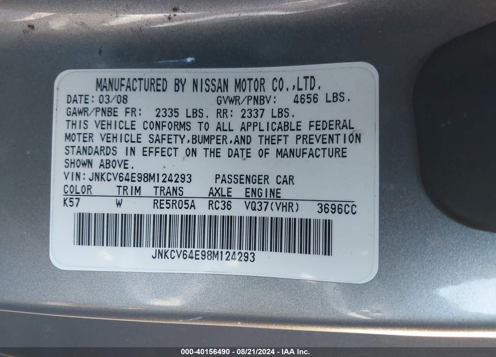 2008 INFINITI G37 JOURNEY VIN: JNKCV64E98M124293