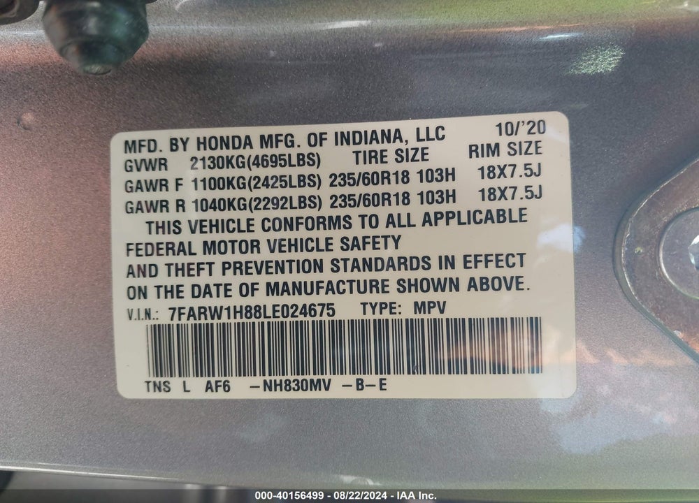 2020 HONDA CR-V VIN: 7FARW1H88LE024675